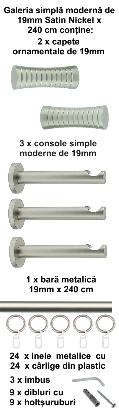 Galerie Metalică Febris, simplă, modernă, cu inele, 19mm, satin nichel (argintiu mat)