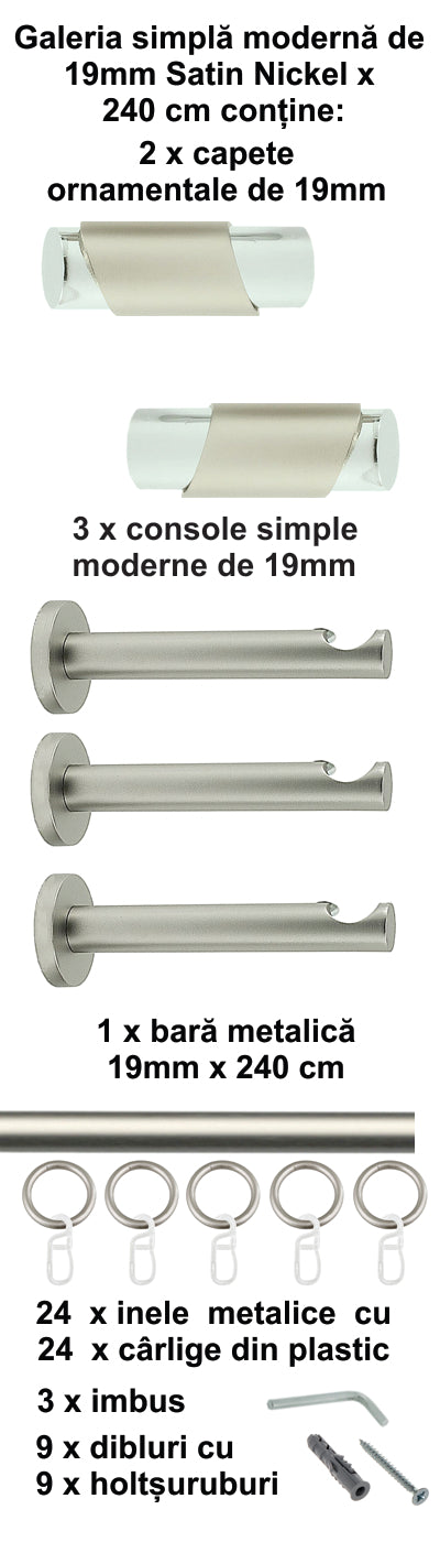 Galerie Metalică Paris, simplă, modernă, cu inele, 19mm, satin nichel (argintiu mat)