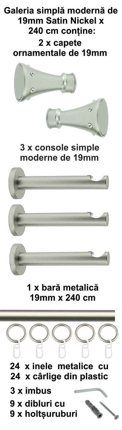 Galerie Metalică Sigma, simplă, modernă, cu inele, 19mm, satin nichel (argintiu mat)