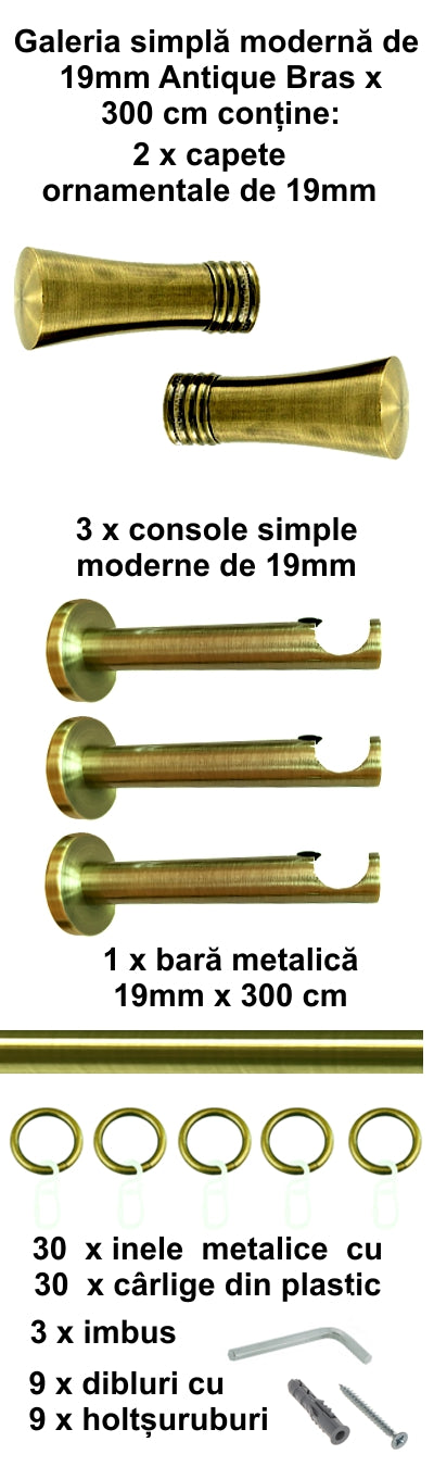 Galerie Metalică Ahile, simplă, modernă, cu inele, 19mm, antique brass (auriu antic)