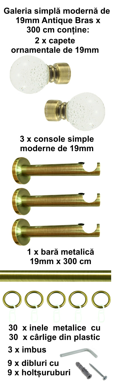 Galerie Metalică Buble, simplă, modernă, cu inele, 19mm, antique brass (auriu antic)