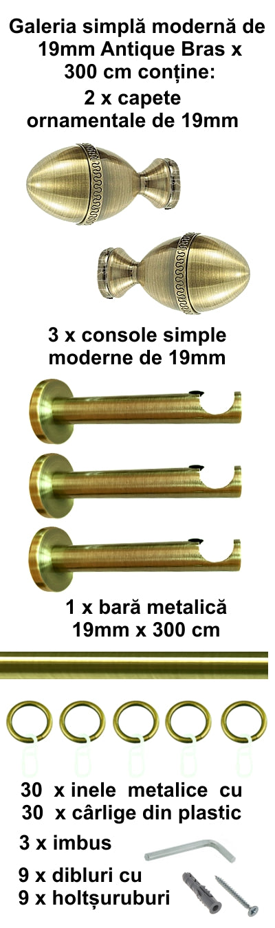 Galerie Metalică Cezar, simplă, modernă, cu inele, 19mm, antique brass (auriu antic)