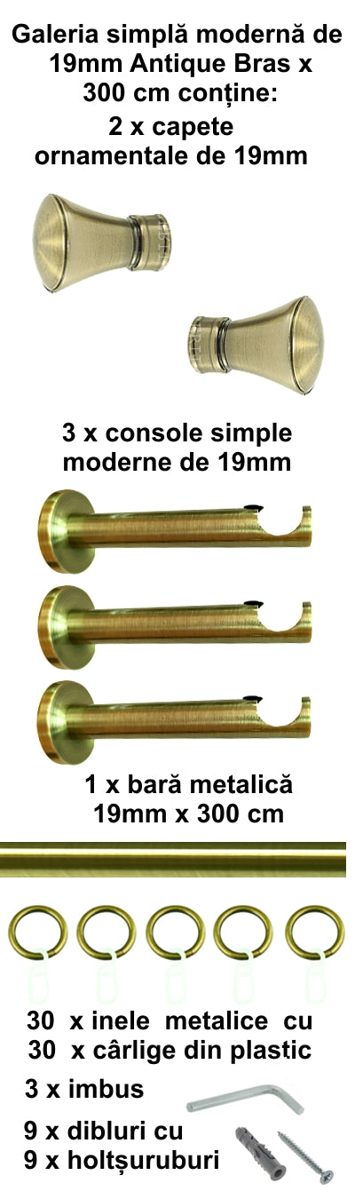 Galerie Metalică Conic, simplă, modernă, cu inele, 19mm, antique brass (auriu antic)