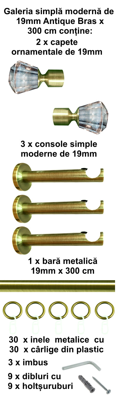 Galerie Metalică Cristal, simplă, modernă, cu inele, 19mm, antique brass (auriu antic)