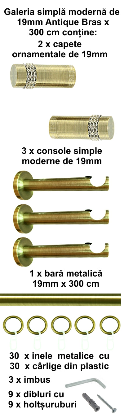 Galerie Metalică Dios, simplă, modernă, cu inele, 19mm, antique brass (auriu antic)