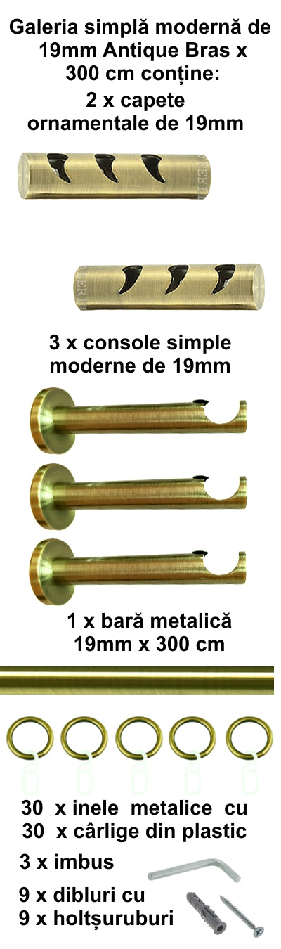 Galerie Metalică Drop, simplă, modernă, cu inele, 19mm, antique brass (auriu antic)