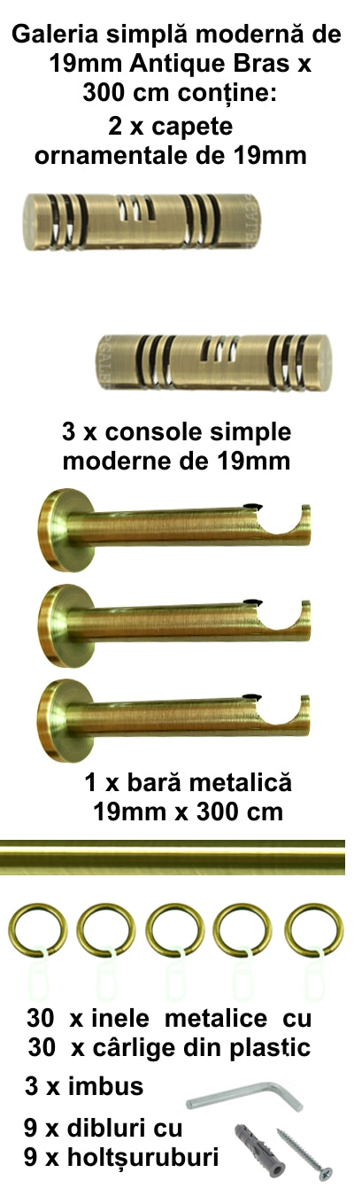 Galerie Metalică Elis, simplă, modernă, cu inele, 19mm, antique brass (auriu antic)