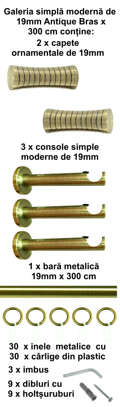 Galerie Metalică Febris, simplă, modernă, cu inele, 19mm, antique brass (auriu antic)