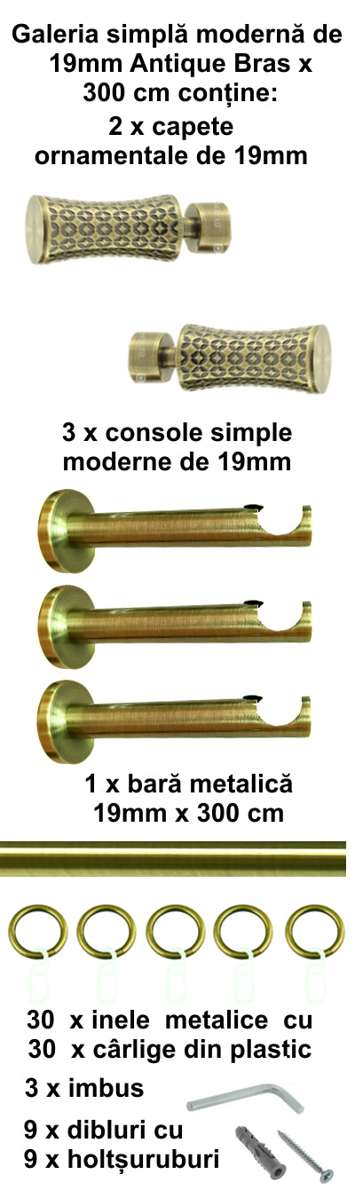 Galerie Metalică Jaris, simplă, modernă, cu inele, 19mm, antique brass (auriu antic)