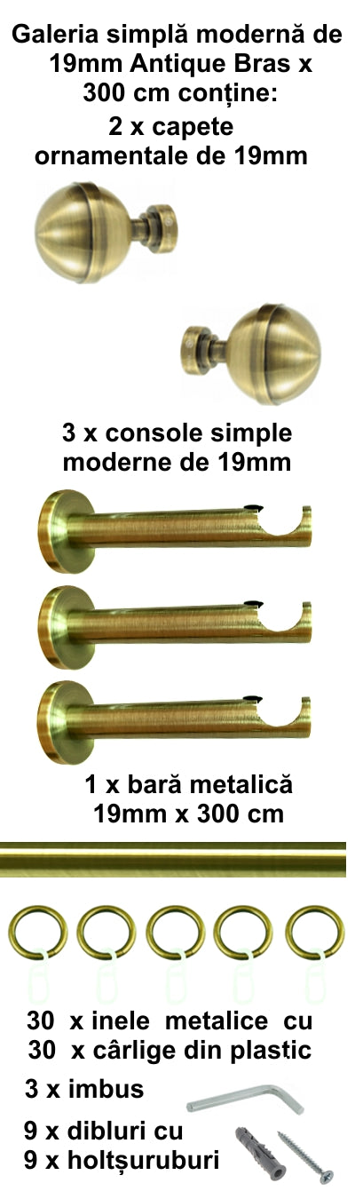Galerie Metalică Kalisto, simplă, modernă, cu inele, 19mm, antique brass (auriu antic)