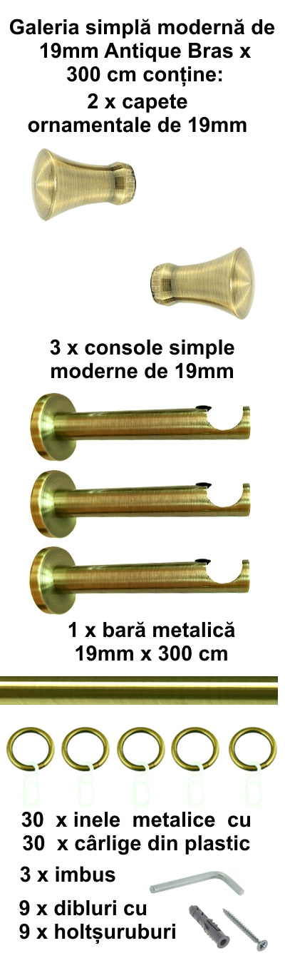 Galerie Metalică Monaco, simplă, modernă, cu inele, 19mm, antique brass (auriu antic)