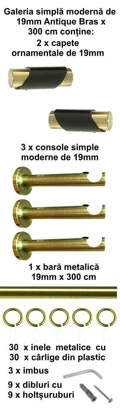Galerie Metalică Paris, simplă, modernă, cu inele, 19mm, antique brass (auriu antic)