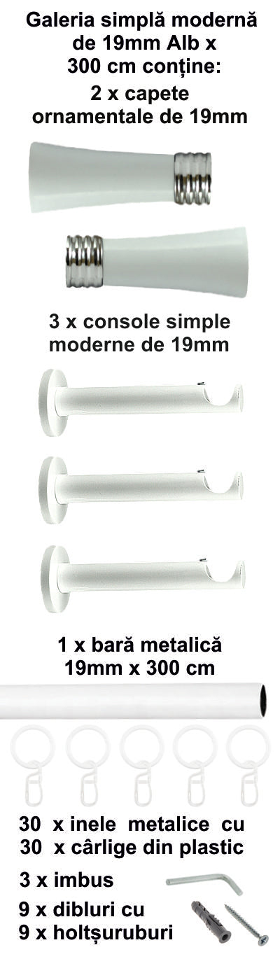 Galerie Metalică Ahile, simplă, modernă, cu inele, 19mm, Alb