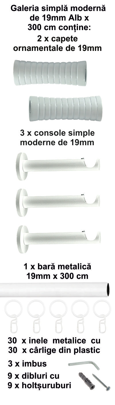 Galerie Metalică Febris, simplă, modernă, cu inele, 19mm, Alb