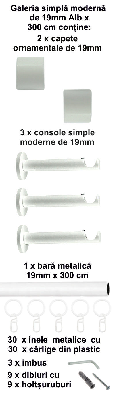 Galerie Metalică Luna, simplă, modernă, cu inele, 19mm, Alb