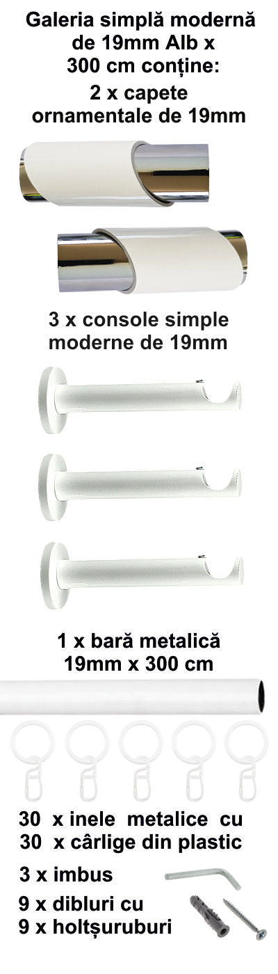 Galerie Metalică Paris, simplă, modernă, cu inele, 19mm, Alb