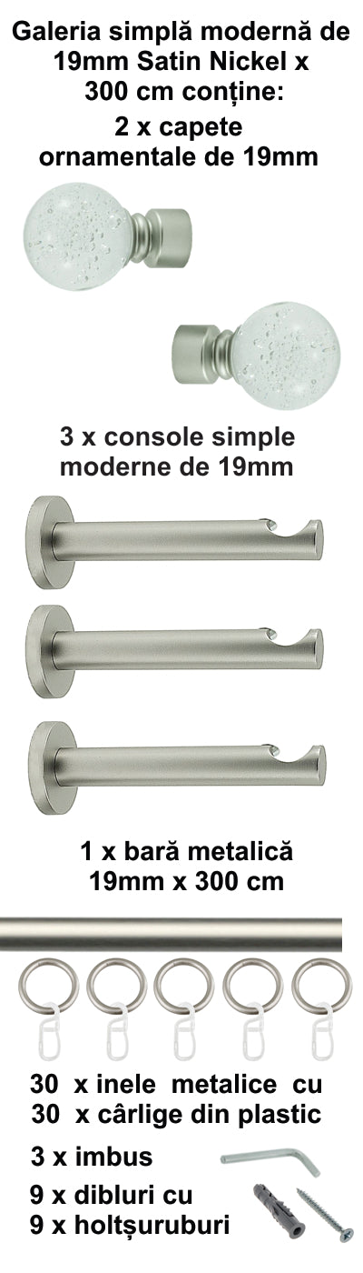 Galerie Metalică Buble, simplă, modernă, cu inele, 19mm, satin nichel (argintiu mat)