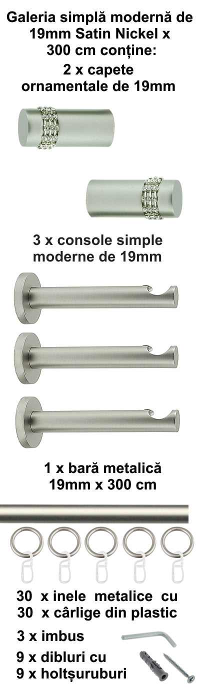 Galerie Metalică Dios, simplă, modernă, cu inele, 19mm, satin nichel (argintiu mat)