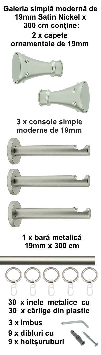 Galerie Metalică Sigma, simplă, modernă, cu inele, 19mm, satin nichel (argintiu mat)