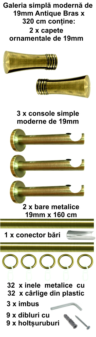 Galerie metalica Ahile simpla moderna 19mm x 3.2m, antique brass (auriu antic)