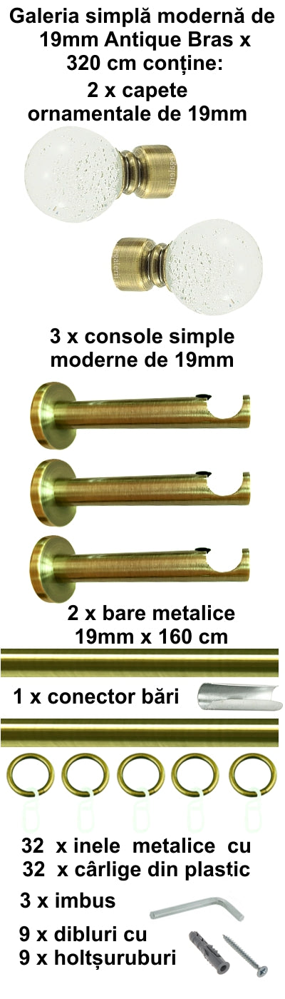 Galerie metalica Buble simpla moderna 19mm x 3.2m, antique brass (auriu antic)