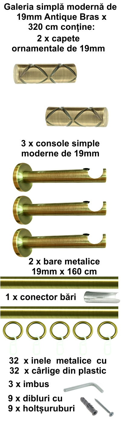 Galerie metalica Ciel simpla moderna 19mm x 3.2m, antique brass (auriu antic)