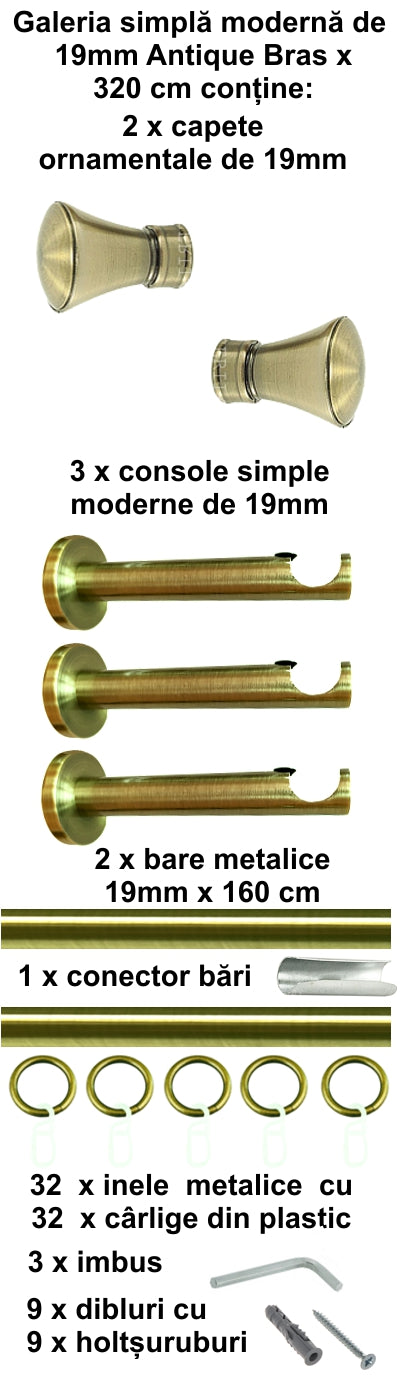 Galerie metalica Conic simpla moderna 19mm x 3.2m, antique brass (auriu antic)