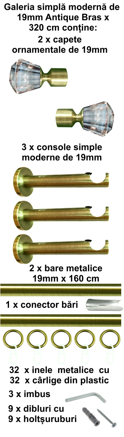 Galerie metalica Cristal simpla moderna 19mm x 4.0m, antique brass (auriu antic)