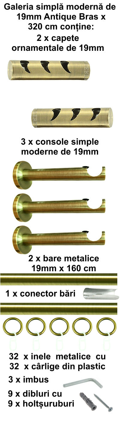 Galerie metalica Drop simpla moderna 19mm x 3.2m, antique brass (auriu antic)