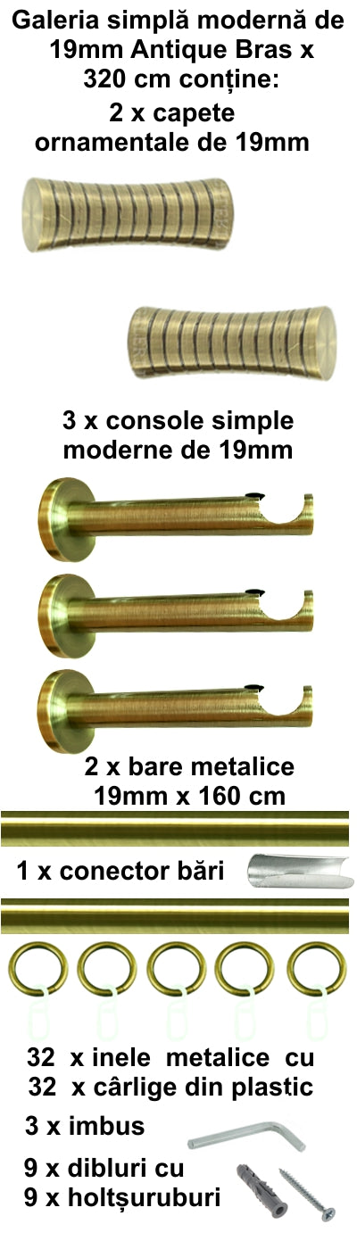 Galerie metalica Febris simpla moderna 19mm x 3.2m, antique brass (auriu antic)