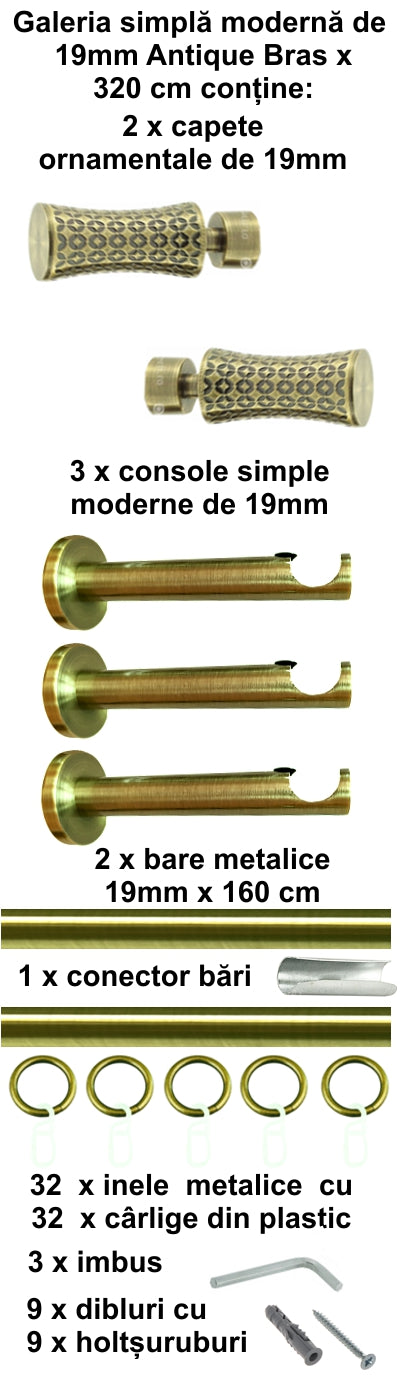 Galerie metalica Jaris simpla moderna 19mm x 3.2m, antique brass (auriu antic)