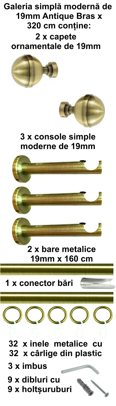 Galerie metalica Kalisto simpla moderna 19mm x 3.2m, antique brass (auriu antic)