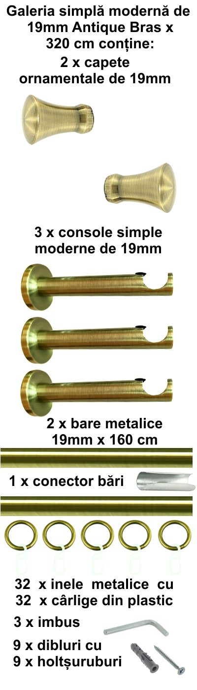Galerie metalica Monaco simpla moderna 19mm x 3.2m, antique brass (auriu antic)