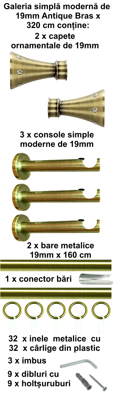 Galerie metalica Sigma simpla moderna 19mm x 3.2m, antique brass (auriu antic)