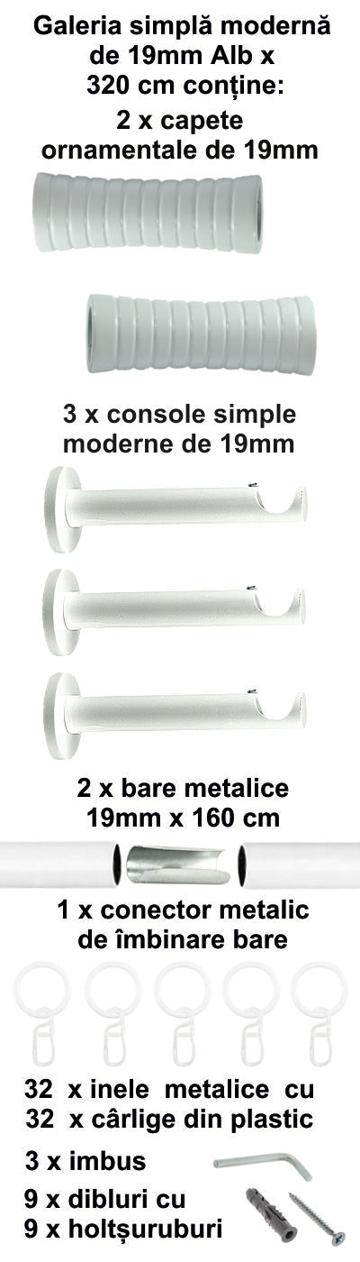 Galerie Metalică Febris, simplă, modernă, cu inele, 19mm, Alb