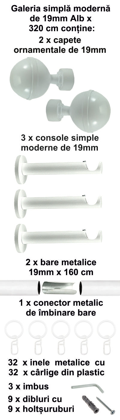 Galerie Metalică Kalisto, simplă, modernă, cu inele, 19mm, Alb