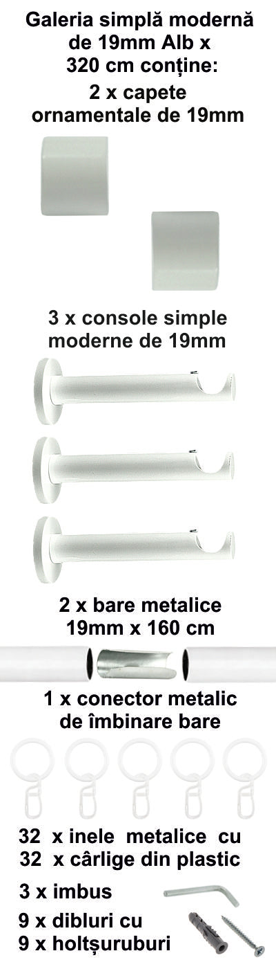 Galerie Metalică Luna, simplă, modernă, cu inele, 19mm, Alb