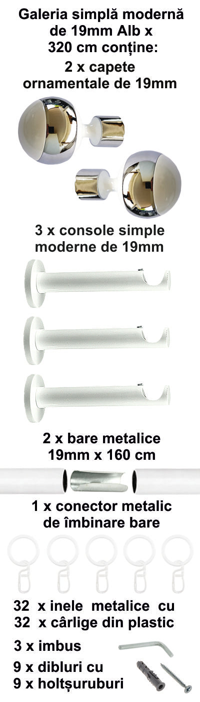 Galerie Metalică Mirror, simplă, modernă, cu inele, 19mm, Alb