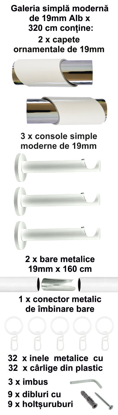 Galerie Metalică Paris, simplă, modernă, cu inele, 19mm, Alb