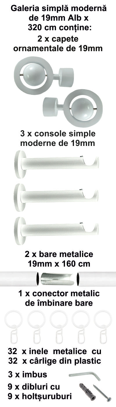 Galerie Metalică Seti, simplă, modernă, cu inele, 19mm, Alb