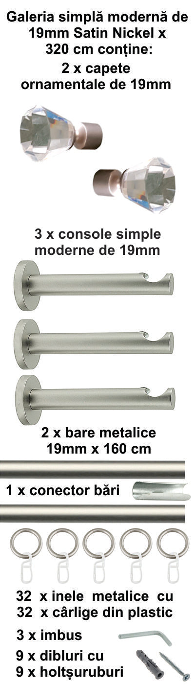 Galerie Metalică Cristal, simplă, modernă, cu inele, 19mm, satin nichel (argintiu mat)