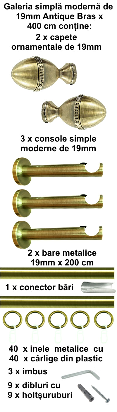 Galerie metalica Cezar simpla moderna 19mm x 4.0m, antique brass (auriu antic)