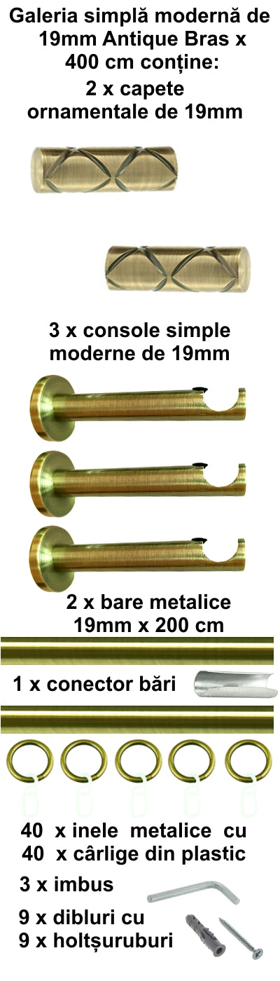 Galerie metalica Ciel simpla moderna 19mm x 4.0m, antique brass (auriu antic)