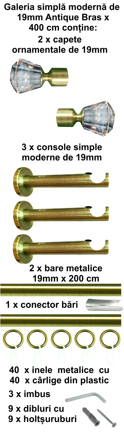 Galerie Metalică Cristal, dublă, de tavan, cu inele, 19mm, antique brass (auriu antic)