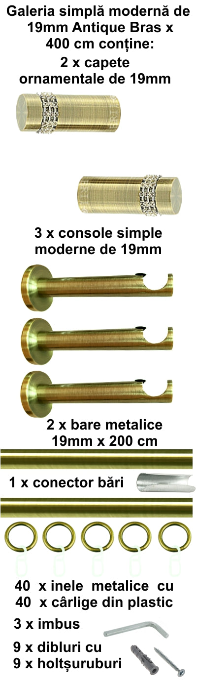 Galerie metalica Dios simpla moderna 19mm x 4.0m, antique brass (auriu antic)