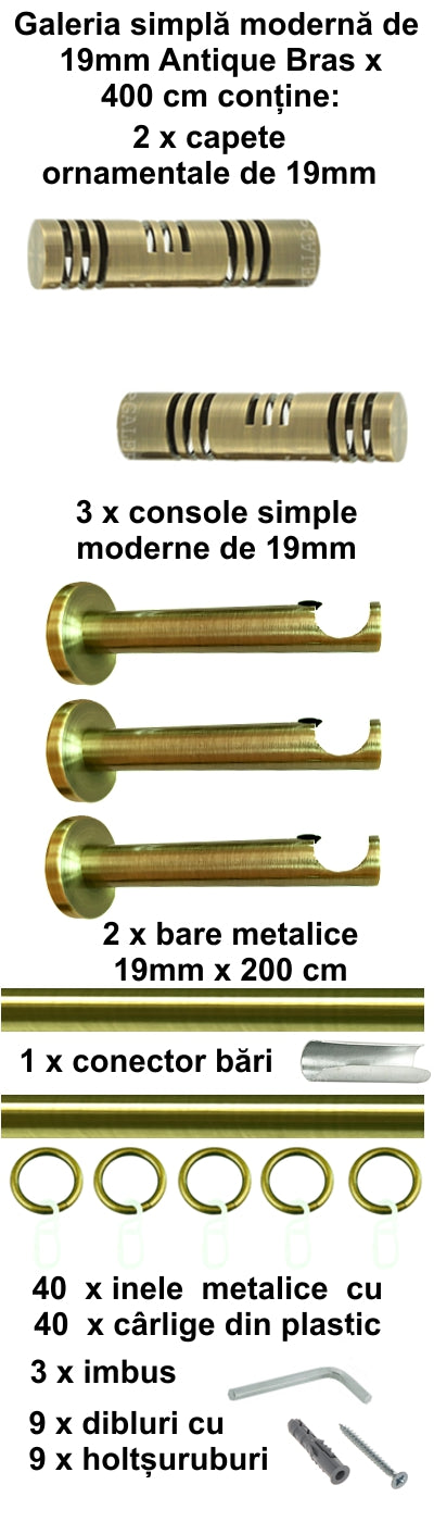 Galerie metalica Elis simpla moderna 19mm x 4.0m, antique brass (auriu antic)