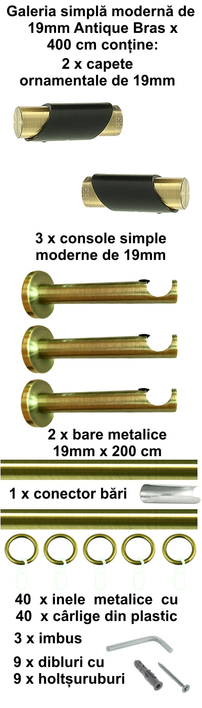 Galerie metalica Paris simpla moderna 19mm x 4.0m, antique brass (auriu antic)