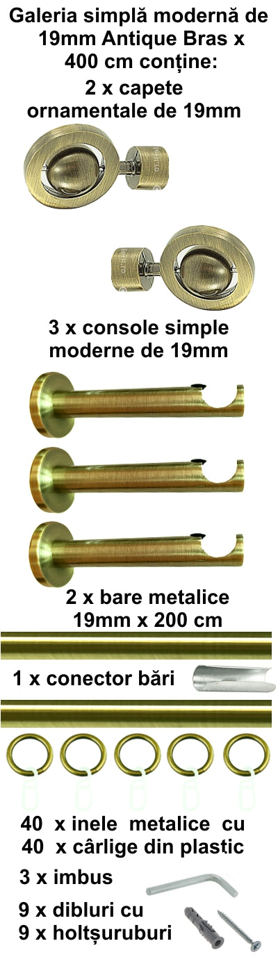 Galerie metalica Seti simpla moderna 19mm x 4.0m, antique brass (auriu antic)