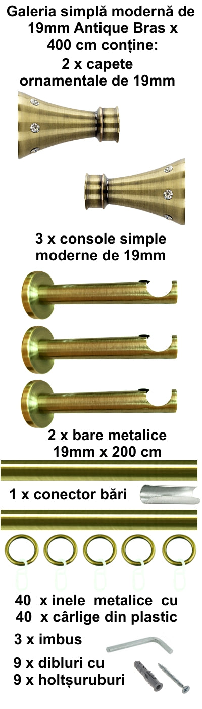 Galerie metalica Sigma simpla moderna 19mm x 4.0m, antique brass (auriu antic)