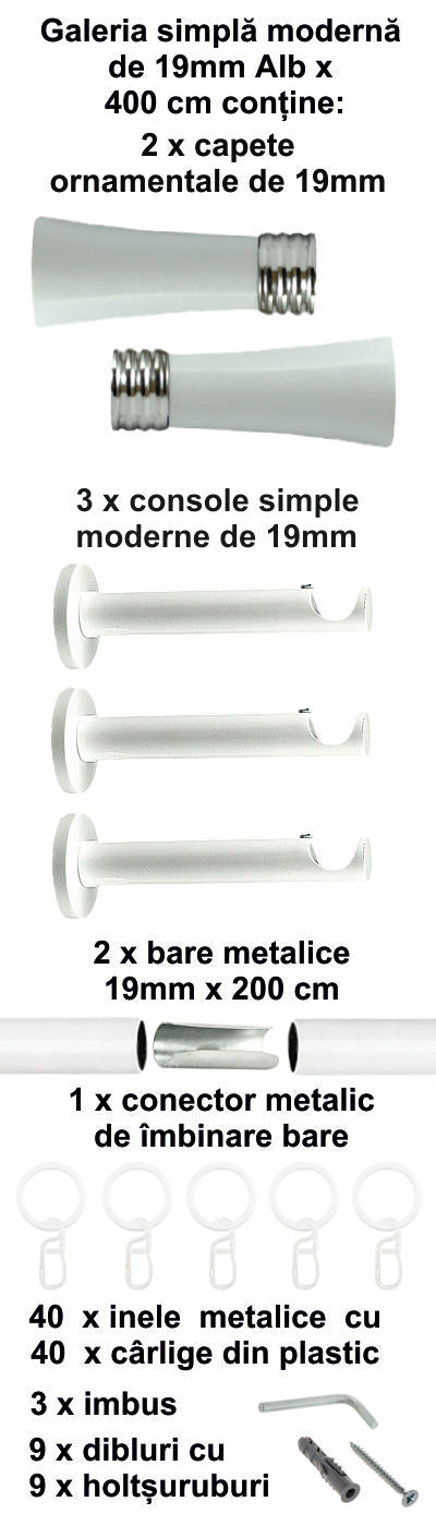 Galerie Metalică Ahile, simplă, modernă, cu inele, 19mm, Alb
